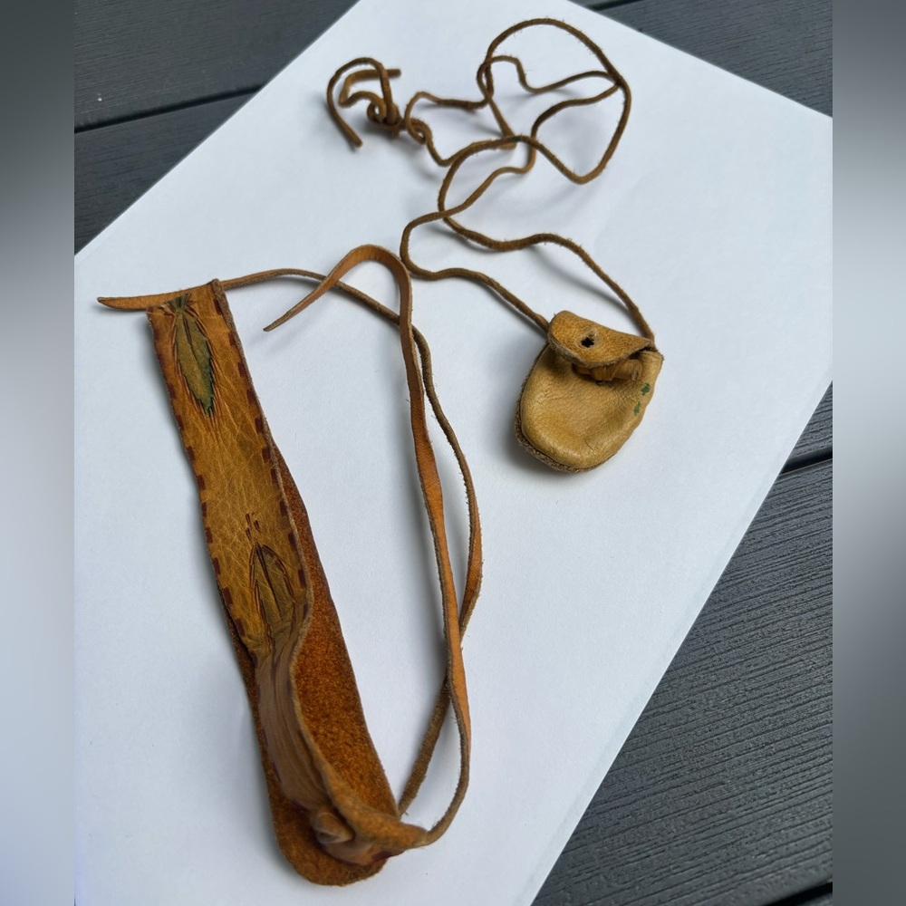 lot of 2: Handcrafted Leather Choker and 70’s Style Necklace With Pouch